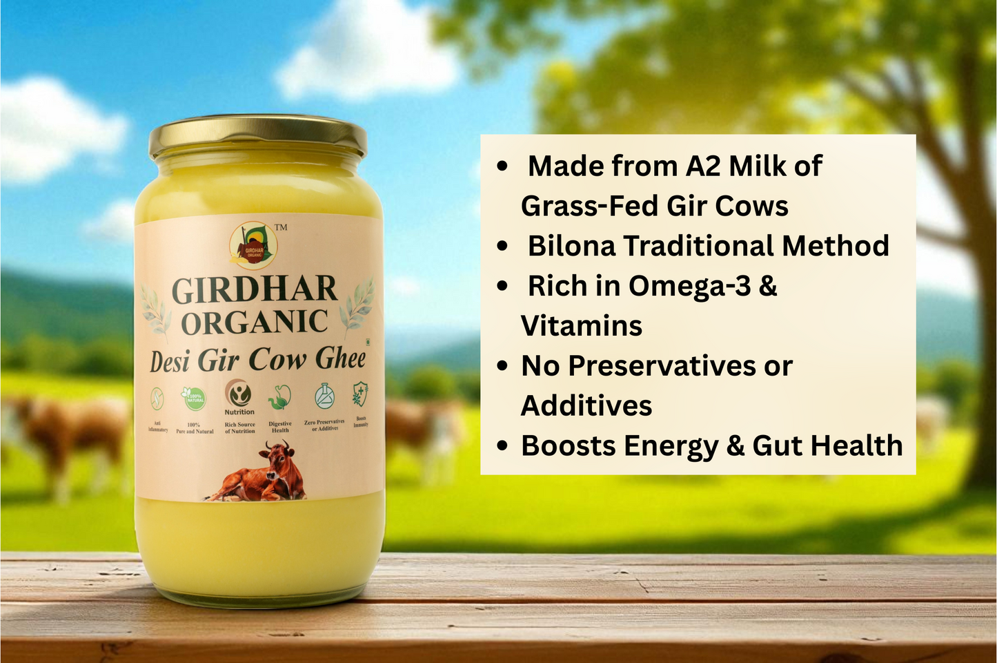 Girdhar Organic Desi Gir Cow Ghee – A2 Vedic Bilona Ghee | 100% Pure & Natural | 1L Glass Jar