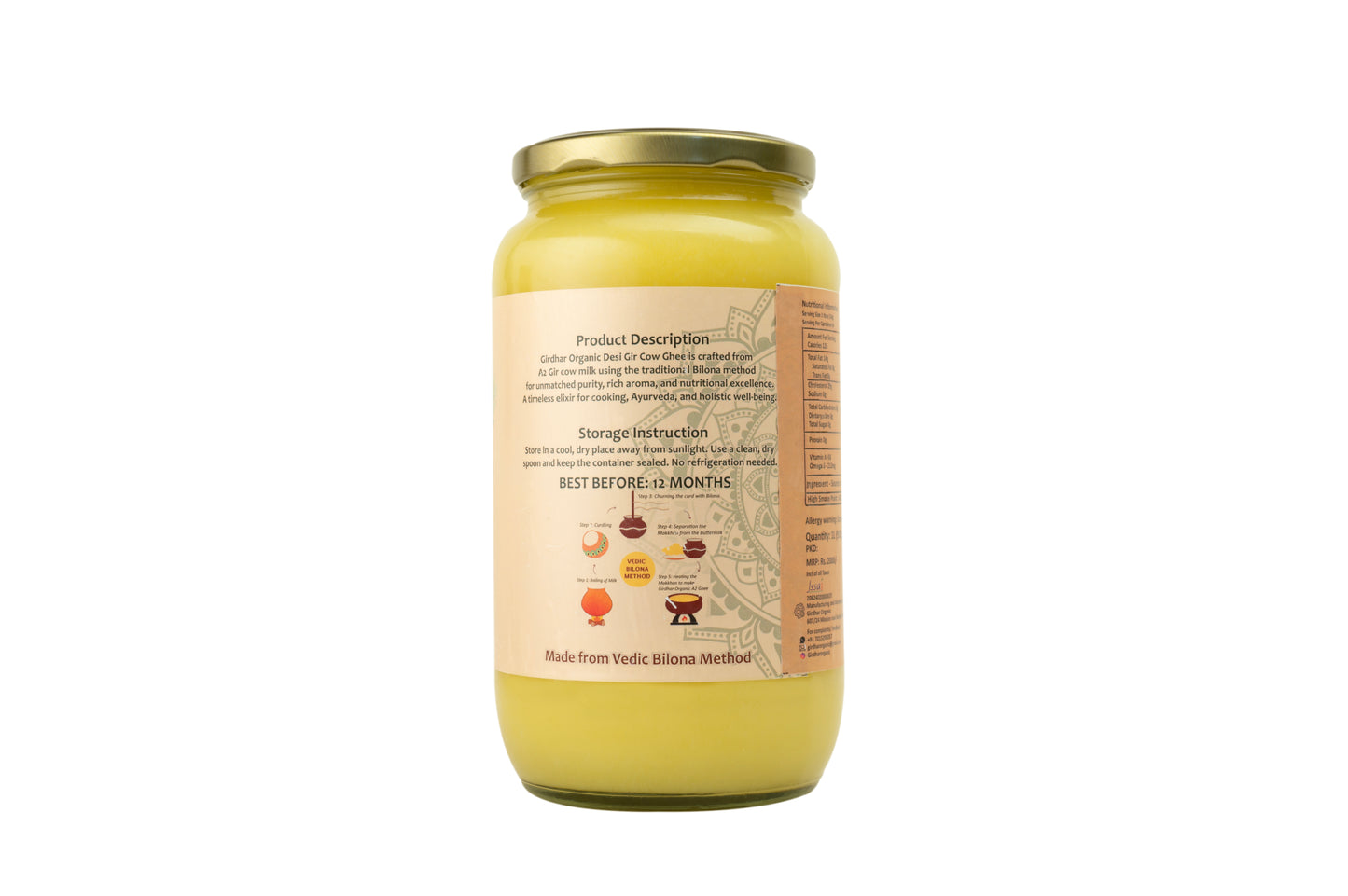 Girdhar Organic Desi Gir Cow Ghee – A2 Vedic Bilona Ghee | 100% Pure & Natural | 1L Glass Jar