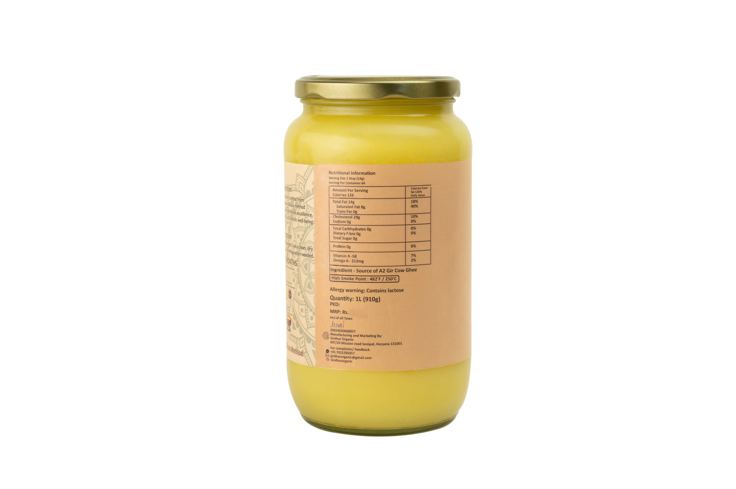 Girdhar Organic Desi Gir Cow Ghee – A2 Vedic Bilona Ghee | 100% Pure & Natural | 1L Glass Jar