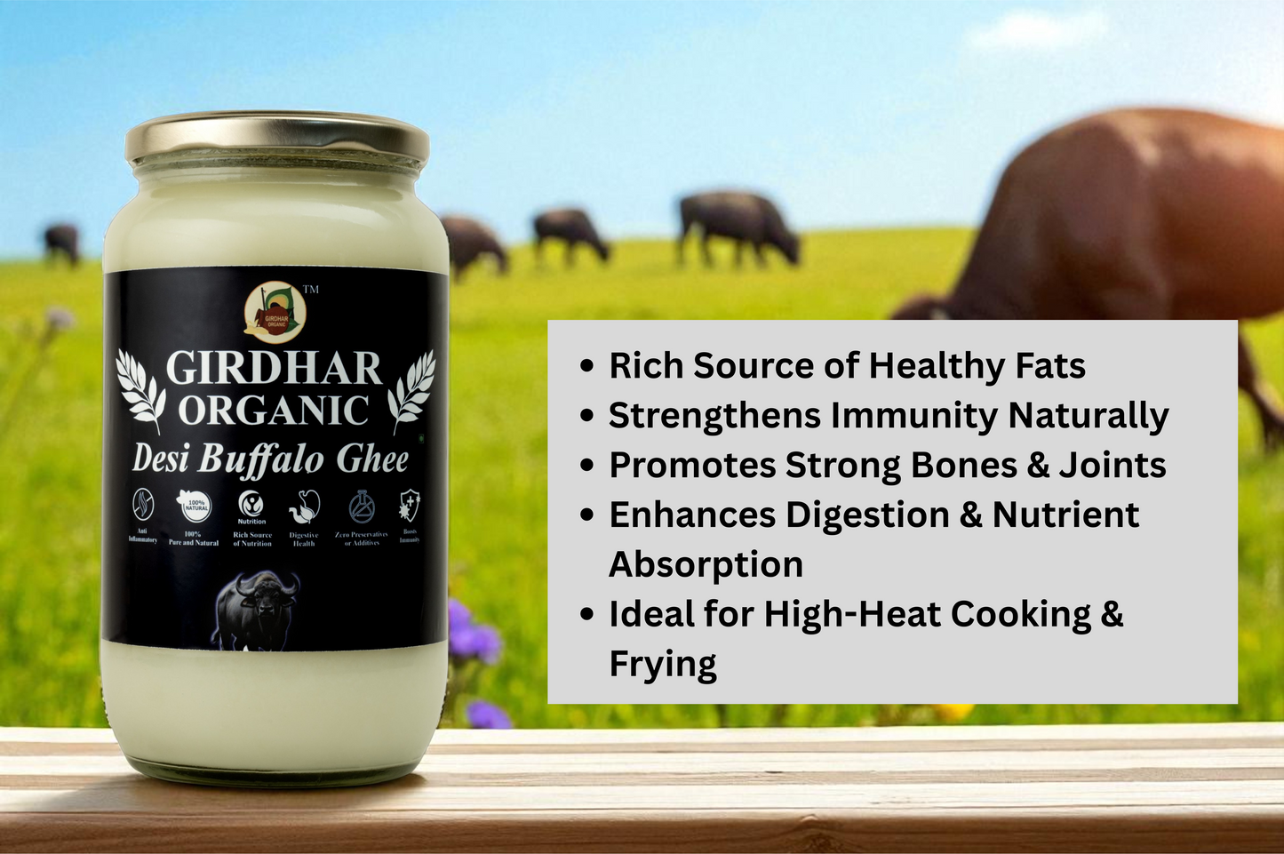 Girdhar Organic Buffalo Ghee 1 Litre – Vedic Bilona Method | Made from Pure Buffalo Milk in Clay Pot (Mitti ki Handi)