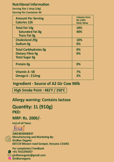 Girdhar Organic Desi Gir Cow Ghee – A2 Vedic Bilona Ghee | 100% Pure & Natural | 1L Glass Jar